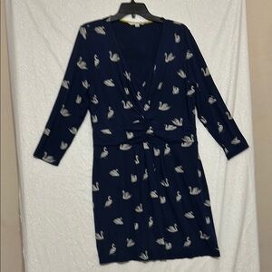 Boden Blue Knee-Length Wrap Dress with Long Sleeves and V-Neck